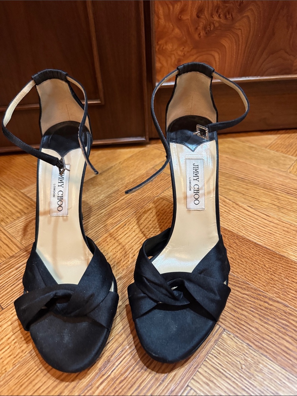Jimmy Choo Black Satin Knotted Ankle-Strap Heels